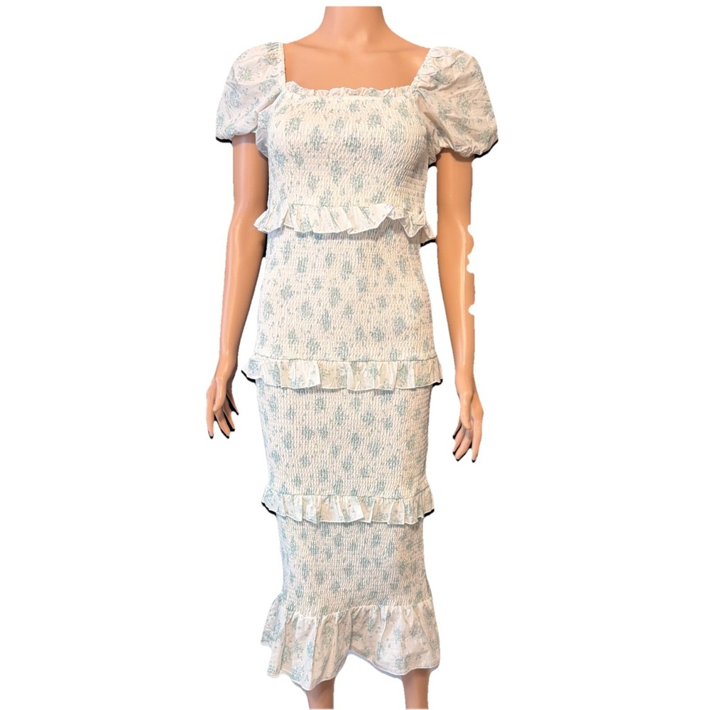 Anthropologie MABLE White Green Floral Smocked Midi Dress Ruffles Feminine SZ S